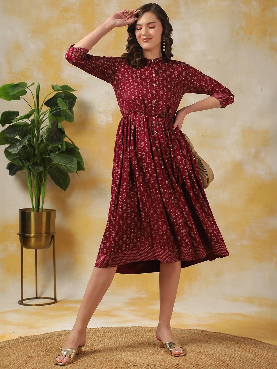 

Rangita Ethnic Motifs Printed Fit & Flare Midi Dress, Maroon