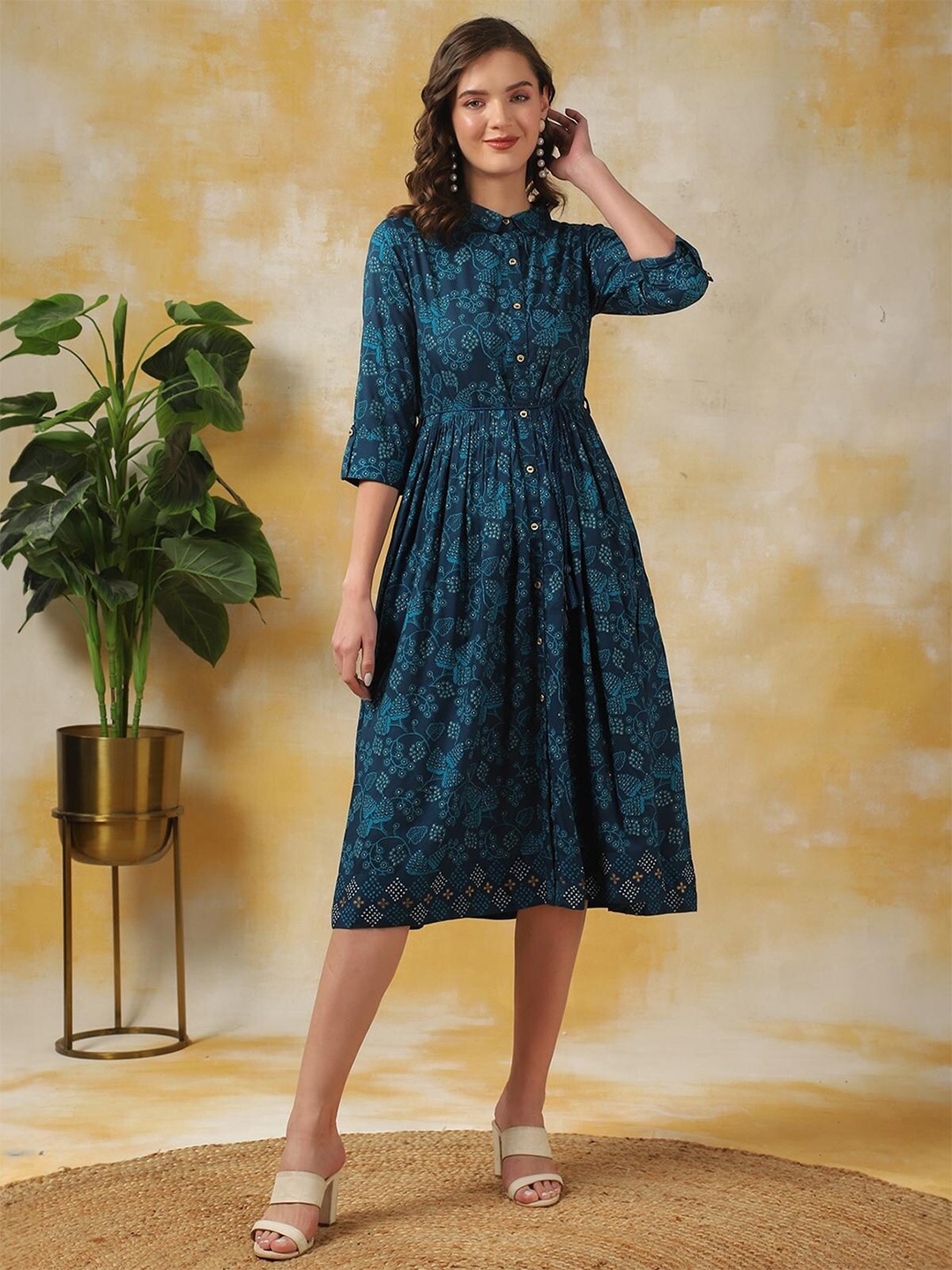 

Rangita Floral Printed Shirt Collar A-Line Midi Dress, Blue