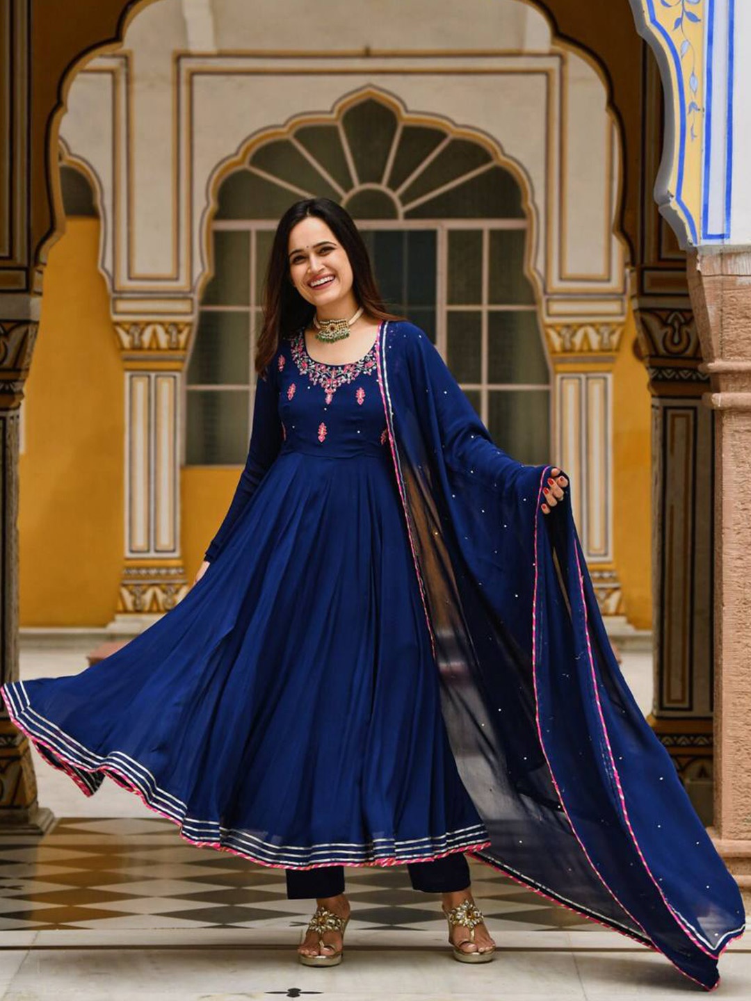 

KALINI Embroidered Round Neck A-Line Kurta With Dupatta, Navy blue