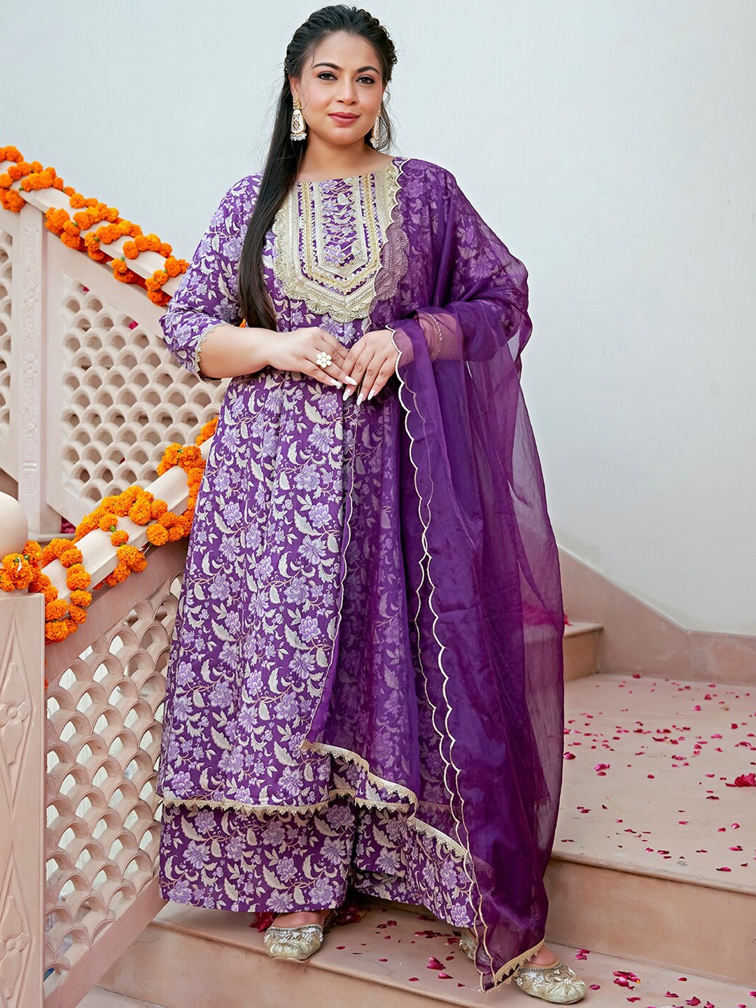 

Janasya Ethnic Motifs Printed Pure Cotton Kurta With Palazzos & Dupatta, Violet