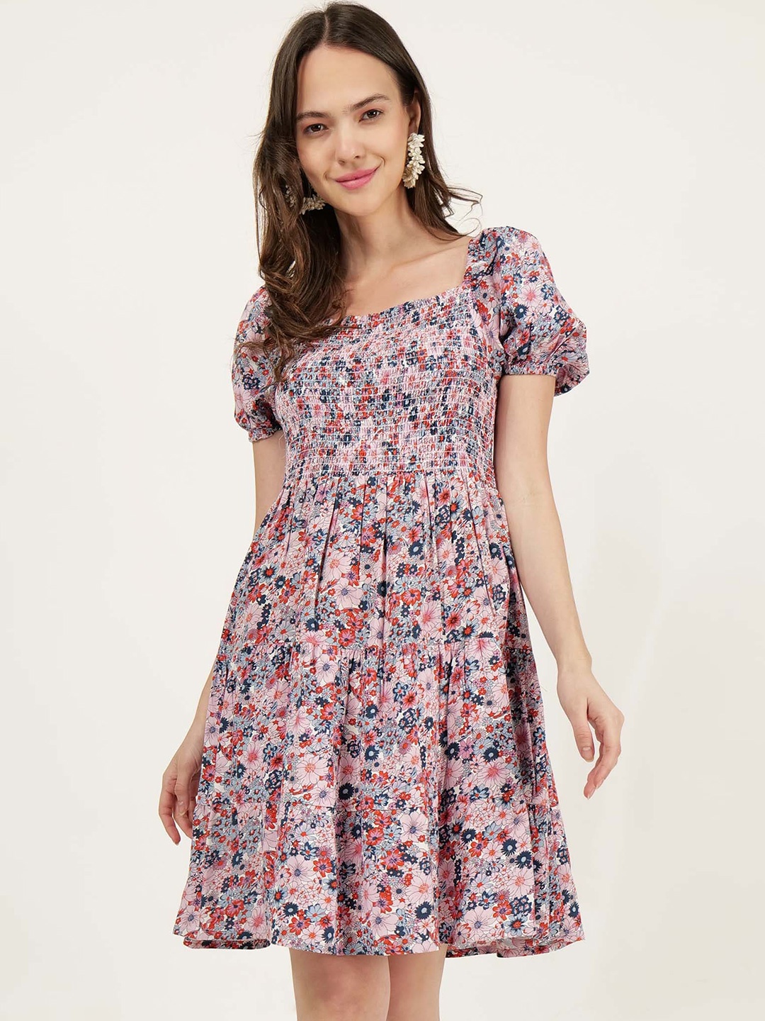 

DRIRO Floral Printed Square Neck Puff Sleeve Smocked Tiered Fit & Flare Dress, Pink
