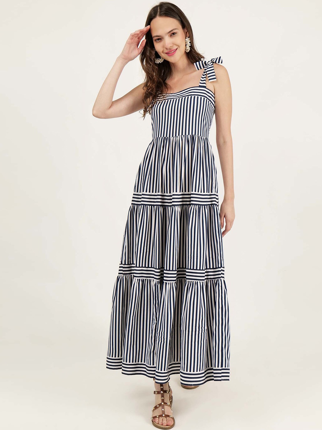 

DRIRO Striped Shoulder Straps Sleeveless Gathered & Tired Maxi Dress, Blue