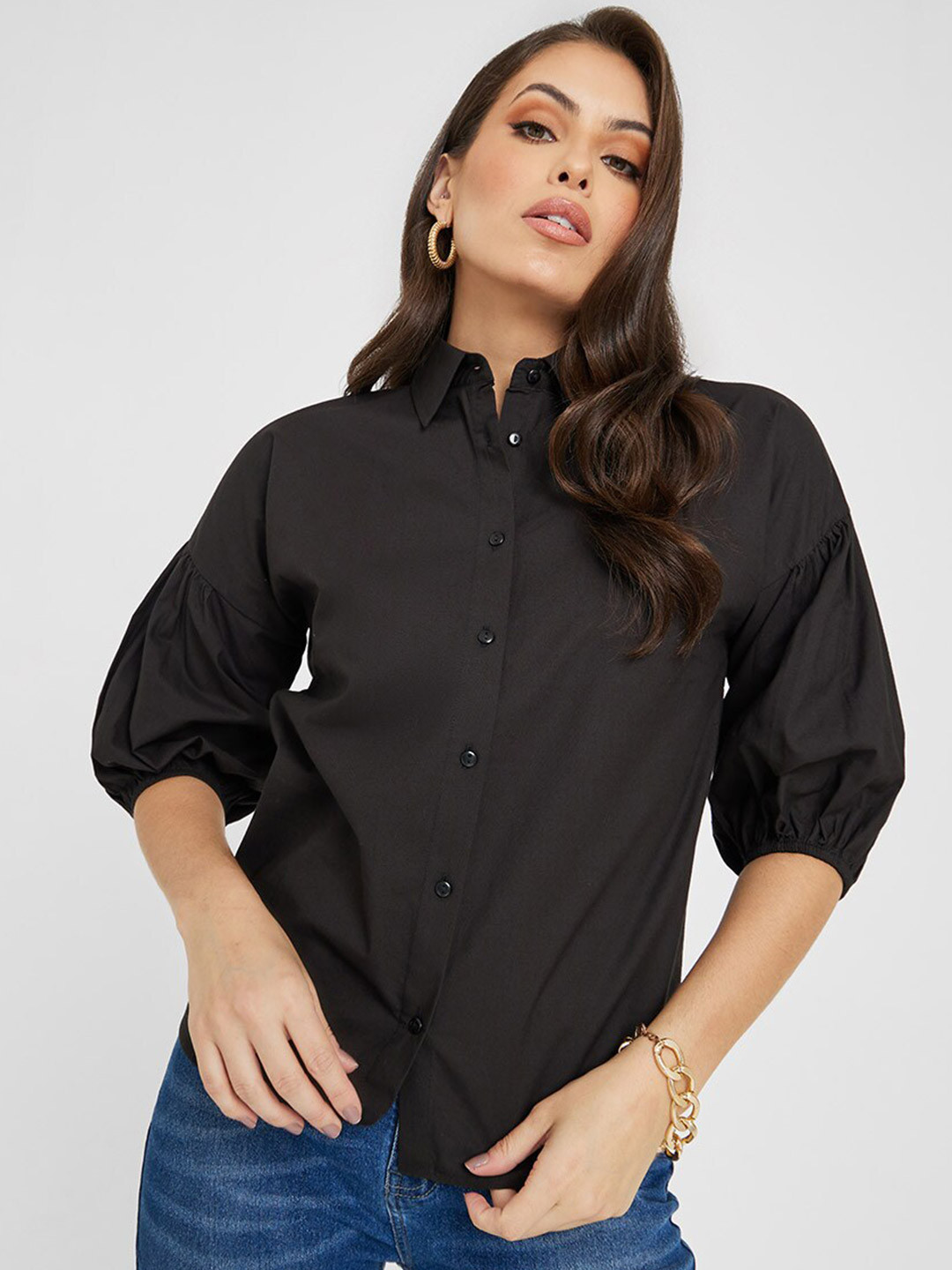 

Styli Black Spread Collar Puff Sleeves Cotton Casual Shirt