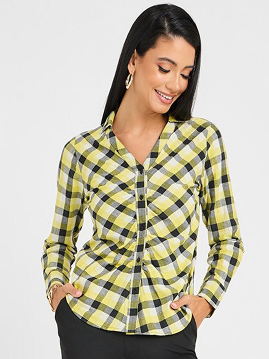 

Styli Yellow Tartan Checks Spread Collar Long Sleeves Gathered Casual Shirt