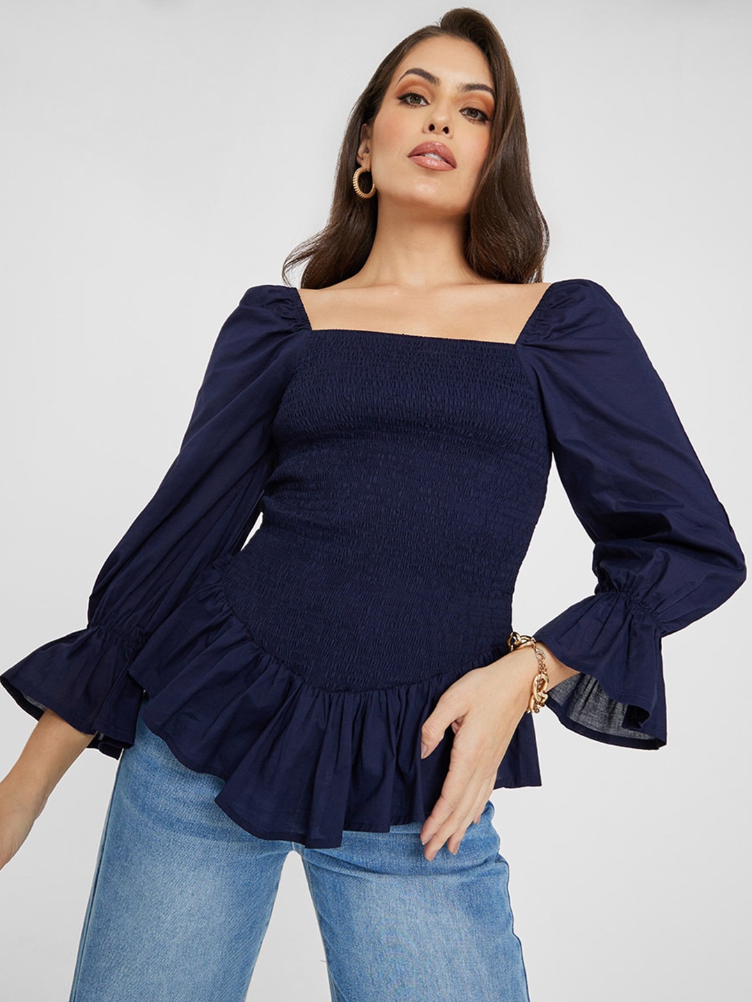 

Styli Navy Blue Square Neck Bell Sleeve Cotton Smocked Peplum Top