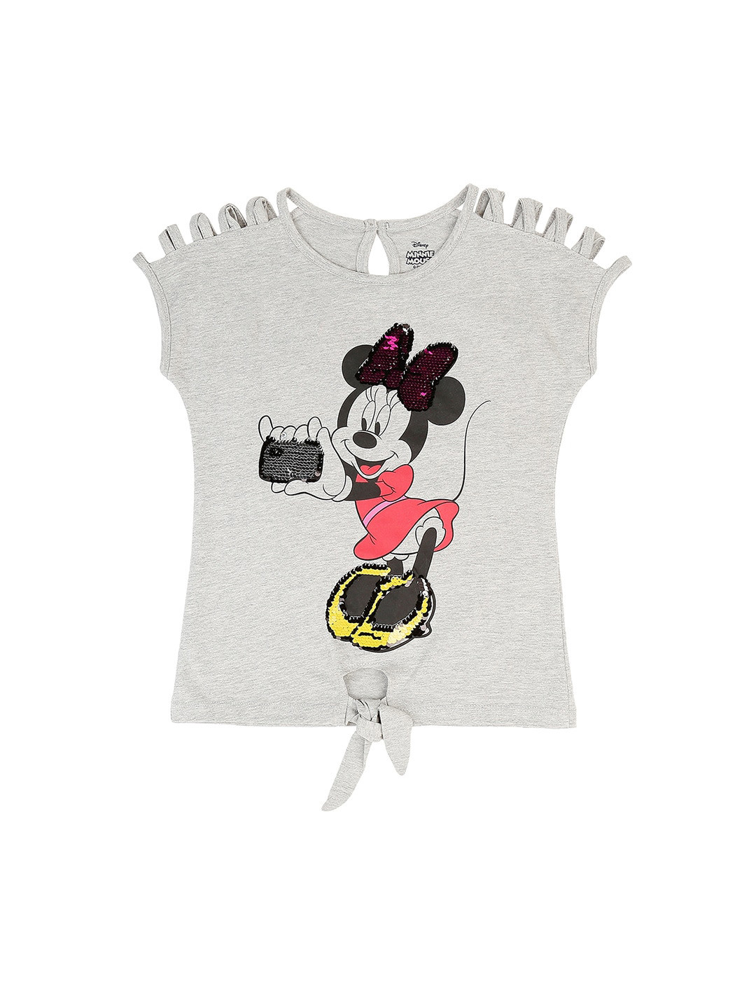 

Pantaloons Junior Girls Minnie Mouse Printed Embellished Extended Sleeves Cotton T-Shirt, Grey melange