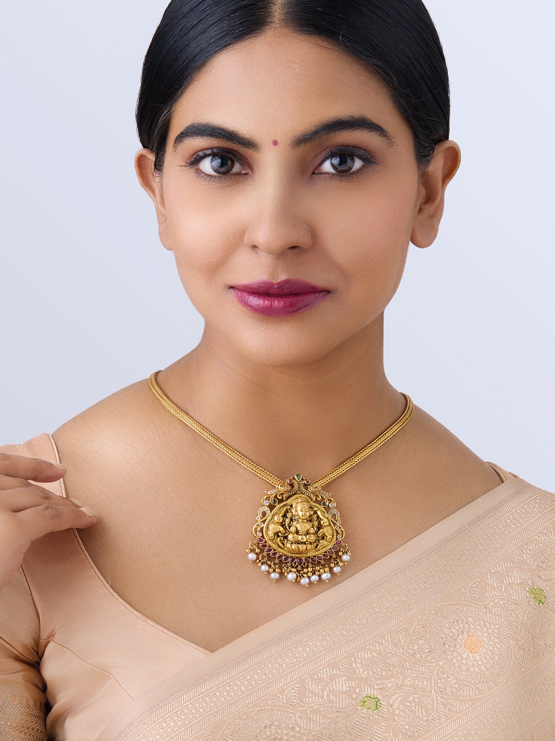 Kushal's Fashion Jewellery 92.5 Pure Silver Gold-Plated Ruby Stones-Studded Temple Pendant