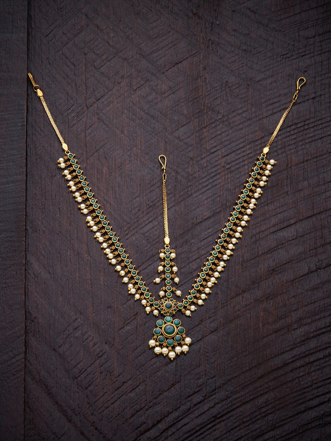 

Kushal's Fashion Jewellery Gold Plated Stone Studded Maang Tikka, Green