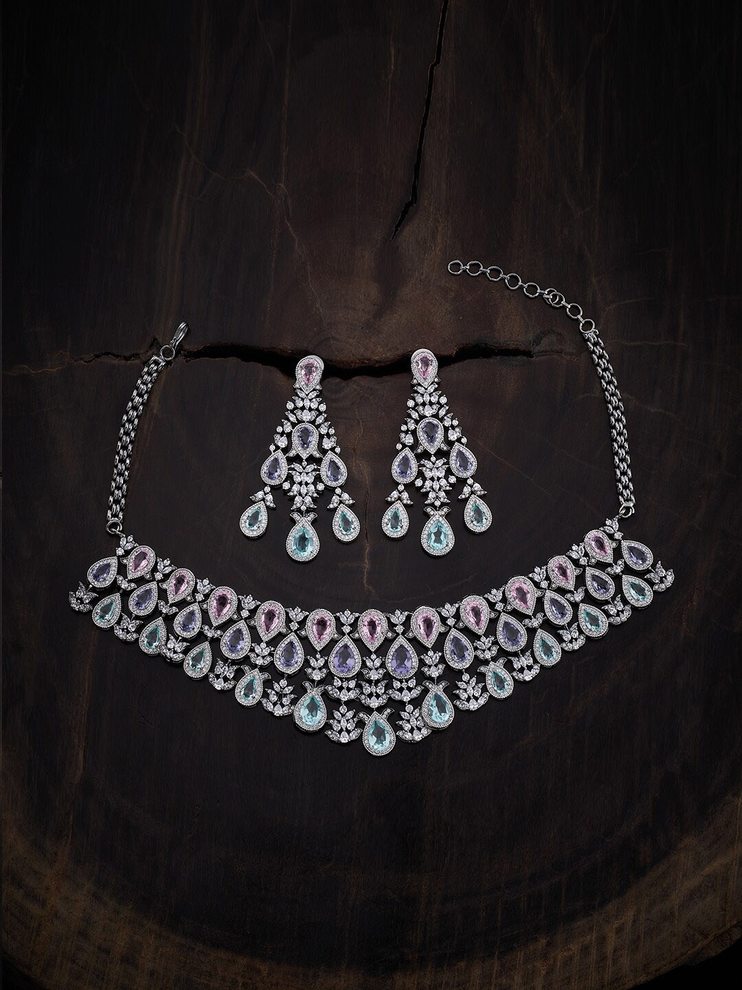 

Kushal's Fashion Jewellery Rhodium-Plated Zircon Studded Jewellery Set, Silver