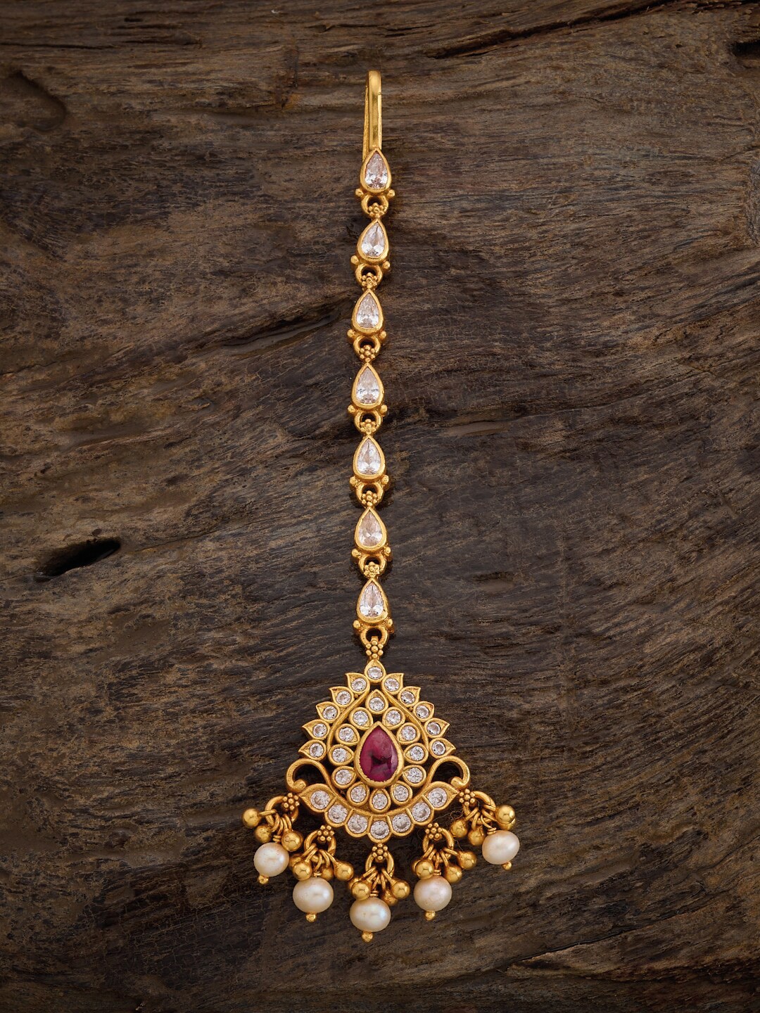 

Kushal's Fashion Jewellery 92.5 Pure Silver Artificial Stones Studded Maang Tikka, Red