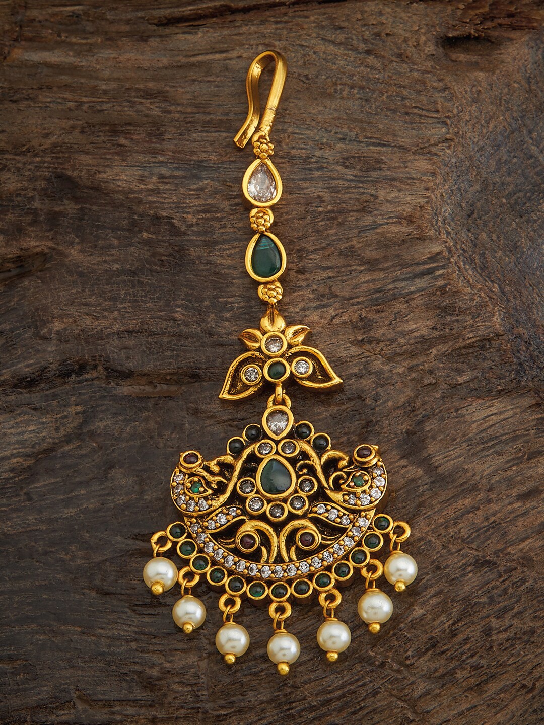 

Kushal's Fashion Jewellery Gold Plated Green Studded Maangtikka