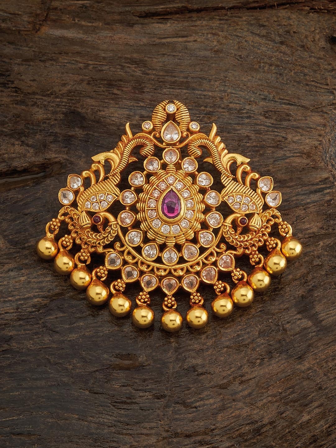 

Kushal's Fashion Jewellery 92.5 Sterling Silver Gold-Plated Stone-Studded Temple Pendant, Red