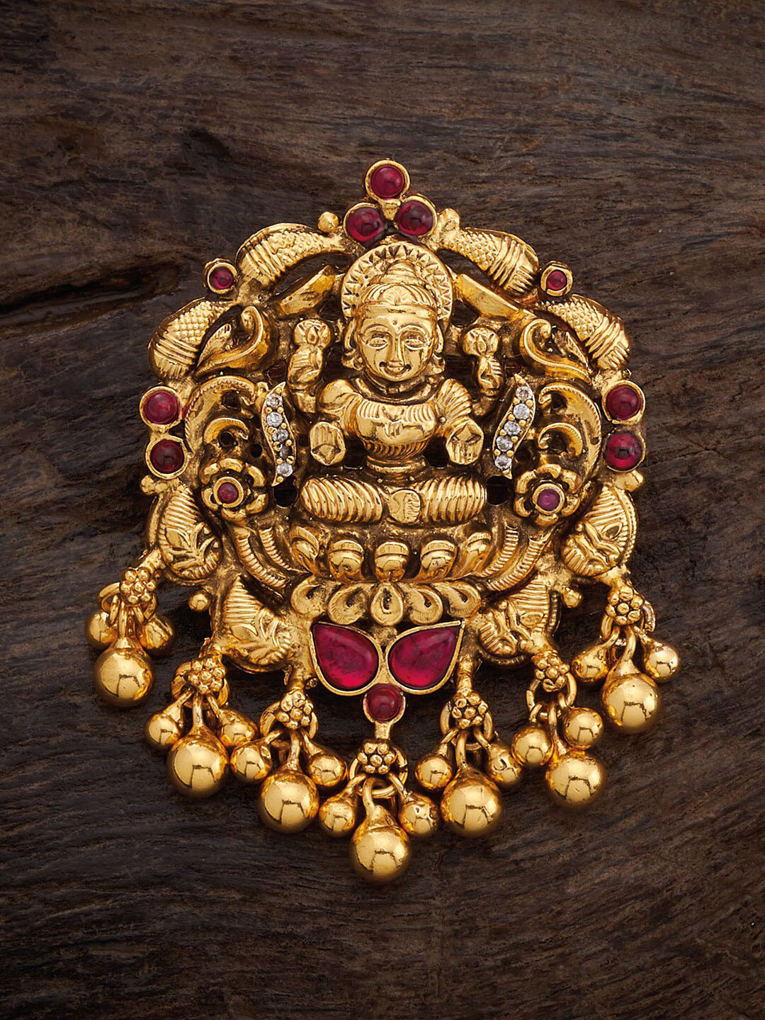 

Kushal's Fashion Jewellery 92.5 Sterling Silver Gold-Plated Stone-Studded Temple Pendant, Red
