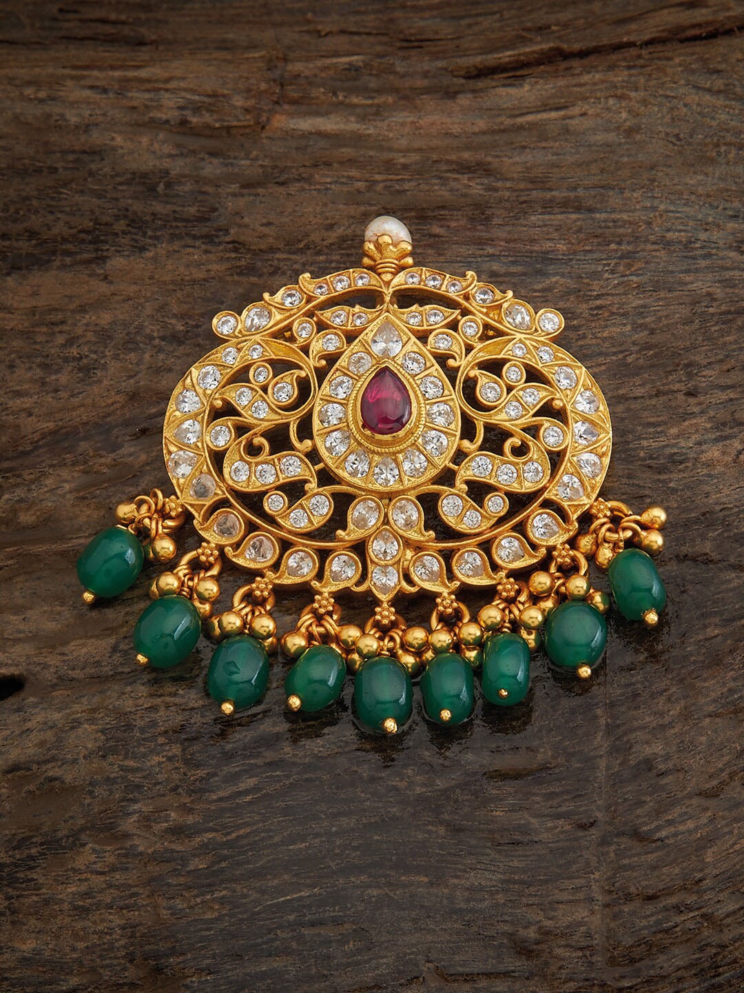 

Kushal's Fashion Jewellery 92.5 Sterling Silver Gold-Plated Stone-Studded Temple Pendant, Red