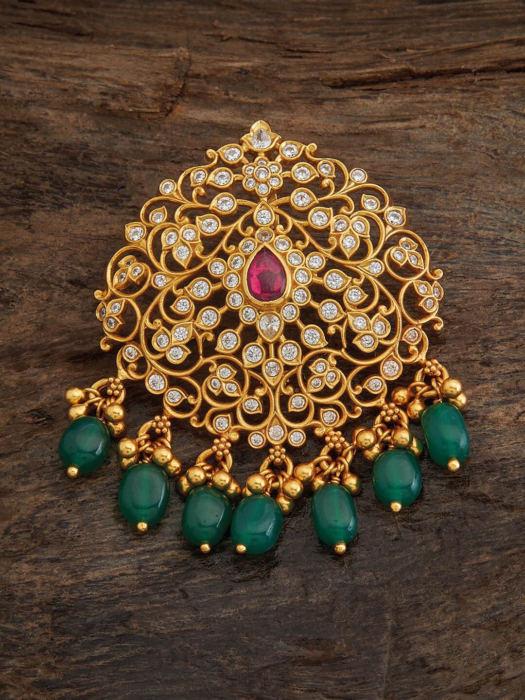 

Kushal's Fashion Jewellery 92.5 Sterling Silver Gold-Plated Stone-Studded Temple Pendant, Red