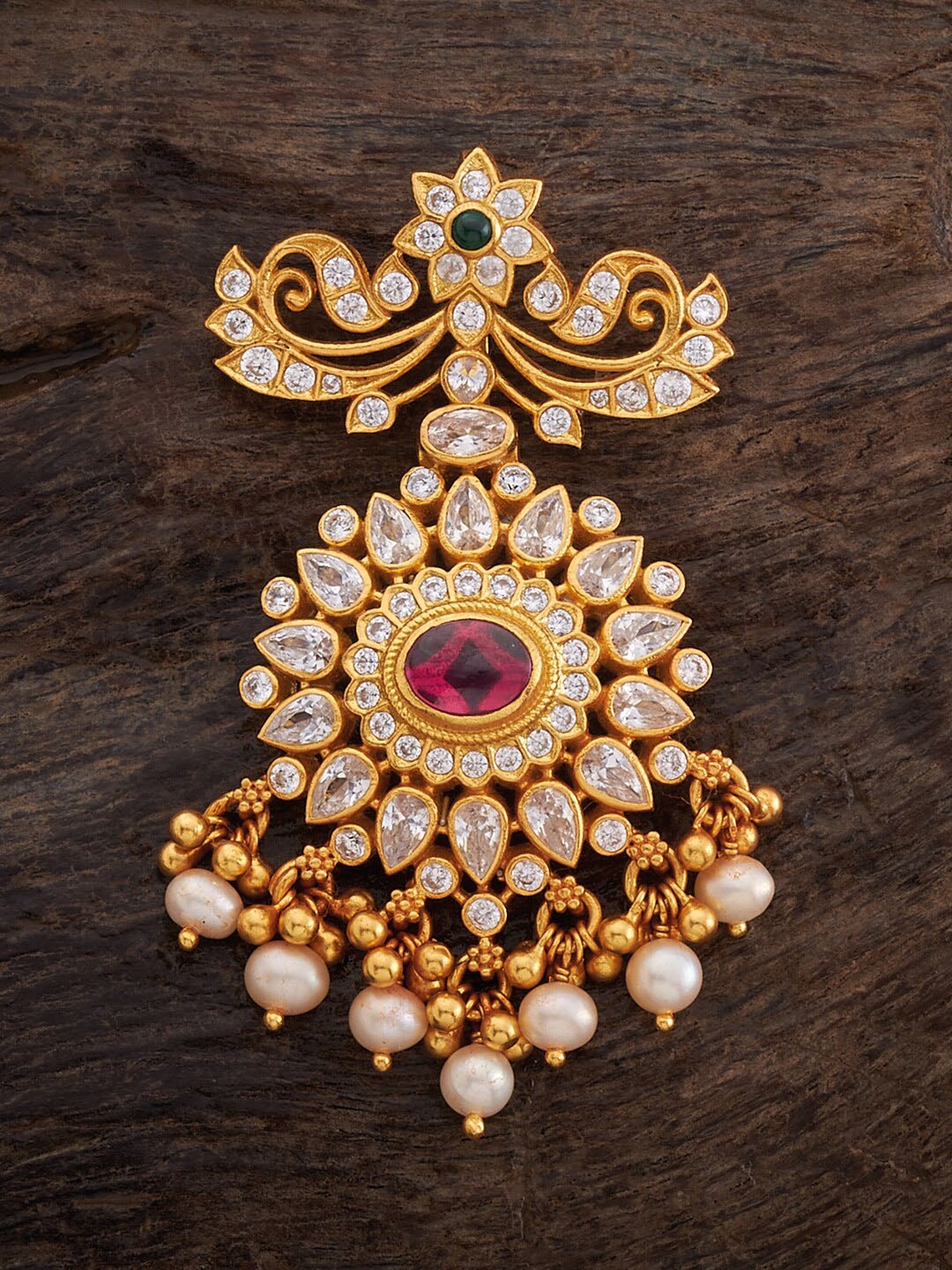 

Kushal's Fashion Jewellery 92.5 Sterling Silver Gold-Plated Stone-Studded Temple Pendant, Red