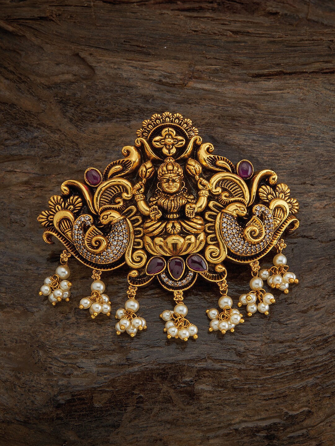 

Kushal's Fashion Jewellery Gold-Plated Ethnic Antique Hair Brooch, Red
