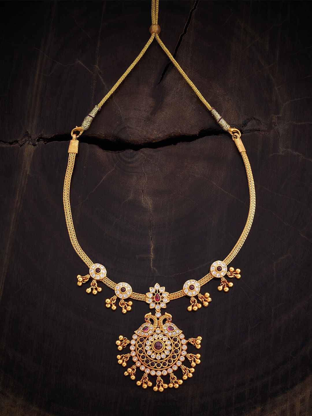 

Kushal's Fashion Jewellery Ruby-Studded 092.5 Pure Silver Temple Necklace, Gold