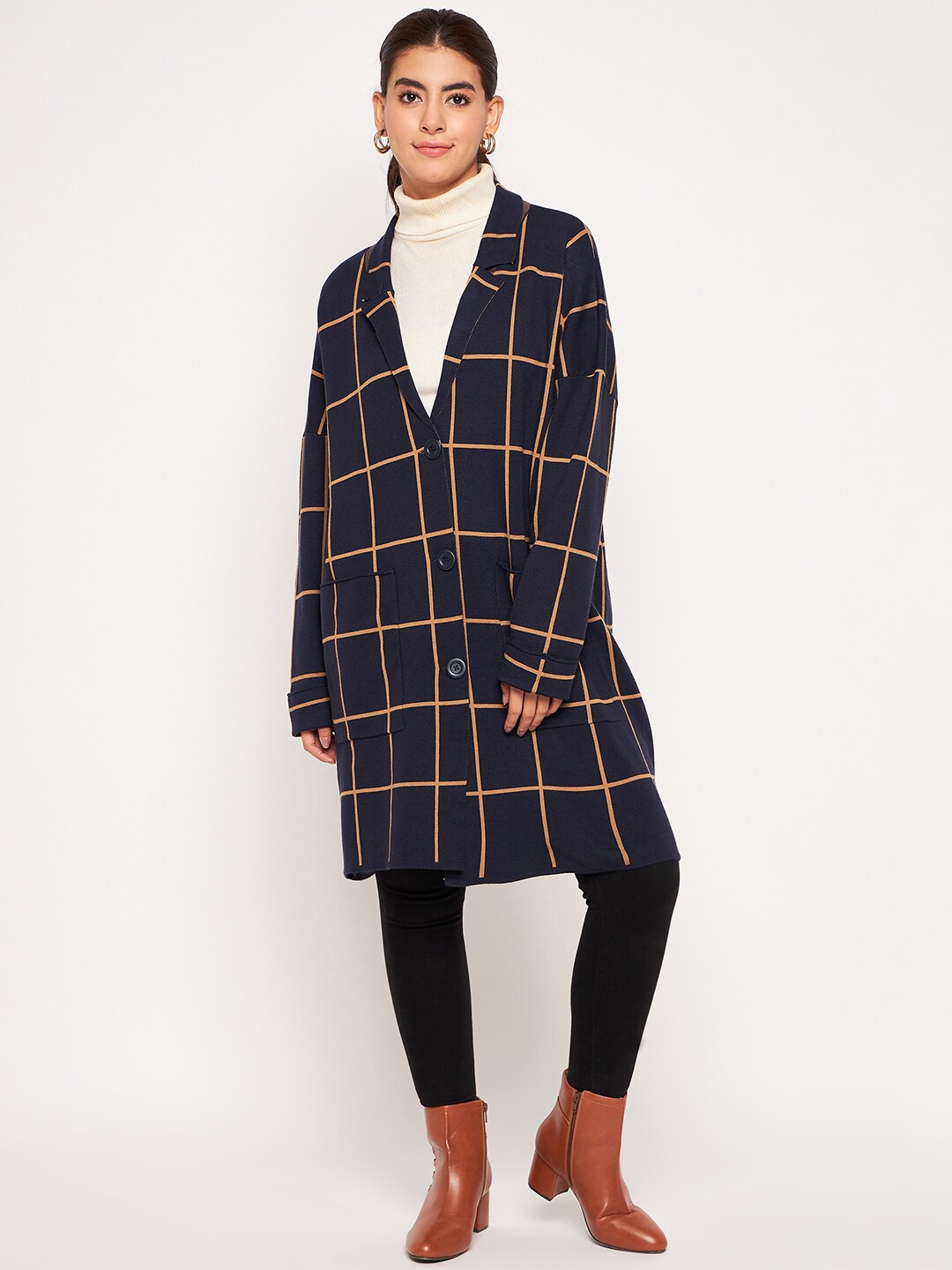 

Camey Checked Woolen Collared Longline Overcoat, Blue