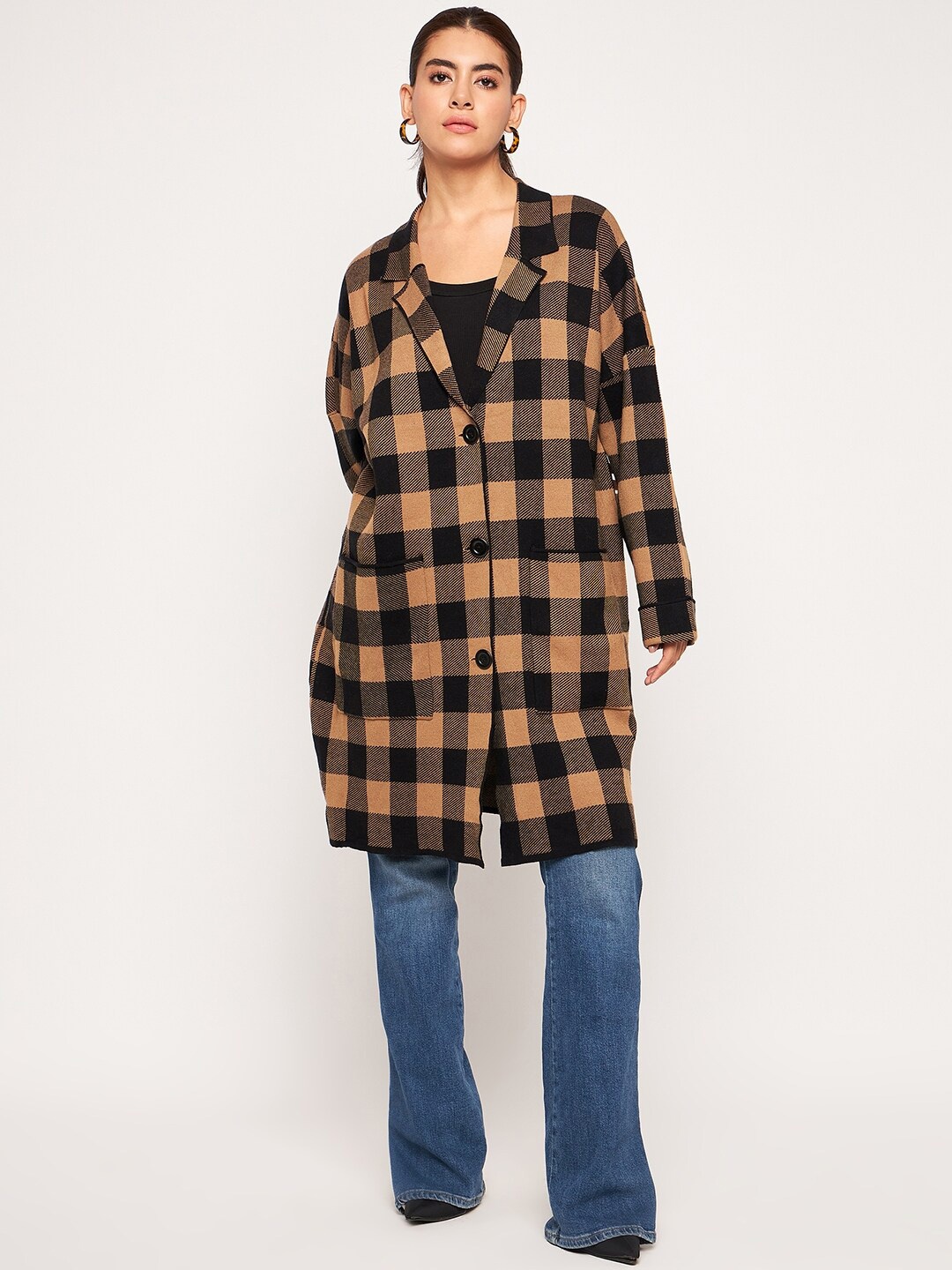 

Camey Checked Woollen Collared Coat, Brown