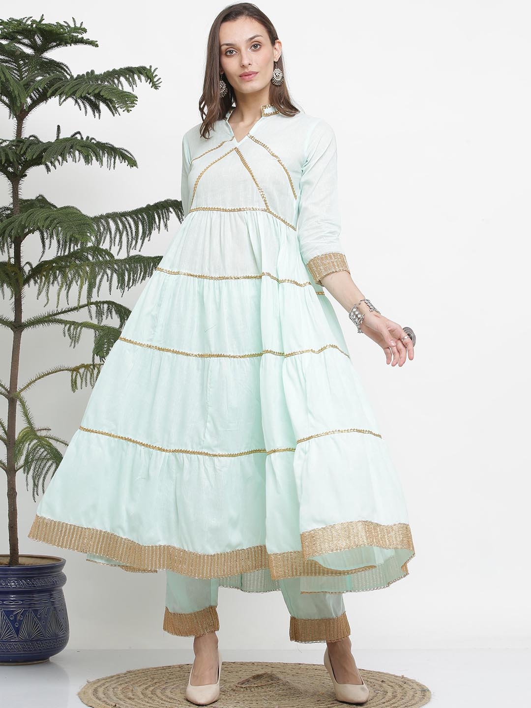 

KAANCHIE NANGGIA Mandarin Collar Gotta Patti Tiered Anarkali Kurta With Trousers & Dupatta, Turquoise blue