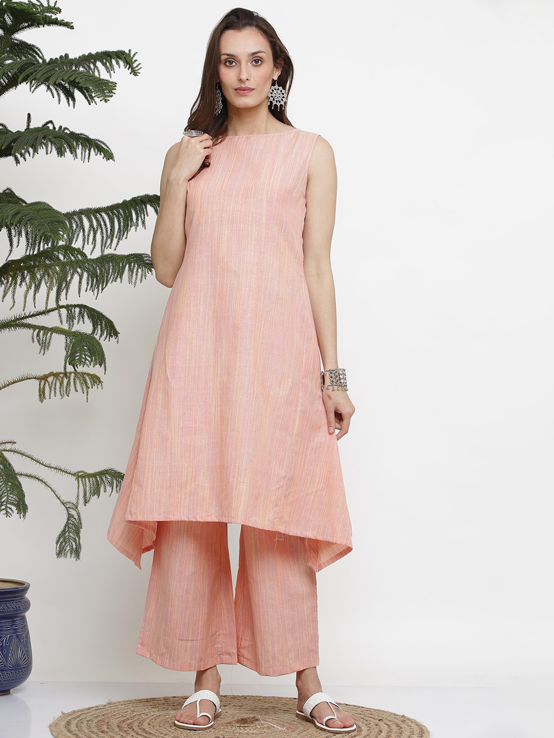 

KAANCHIE NANGGIA Boat Neck A-Line Asymmteric Kurta with Palazzos, Peach