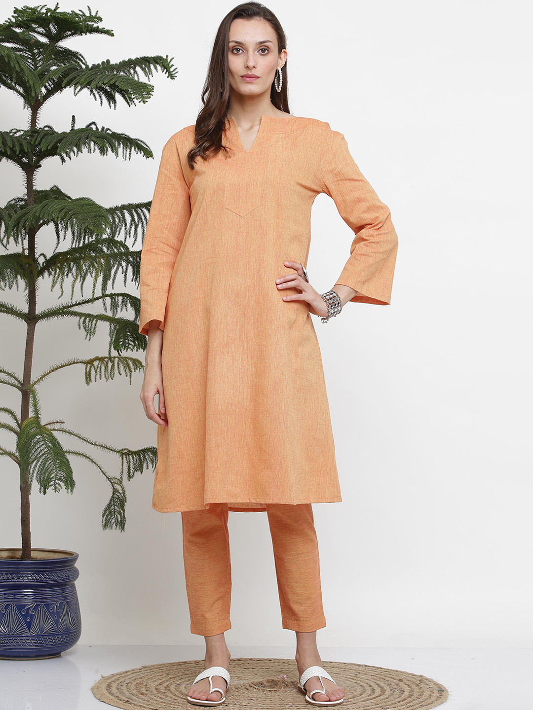 

KAANCHIE NANGGIA Boat Neck Pastels A-line Kurta with Trousers, Orange