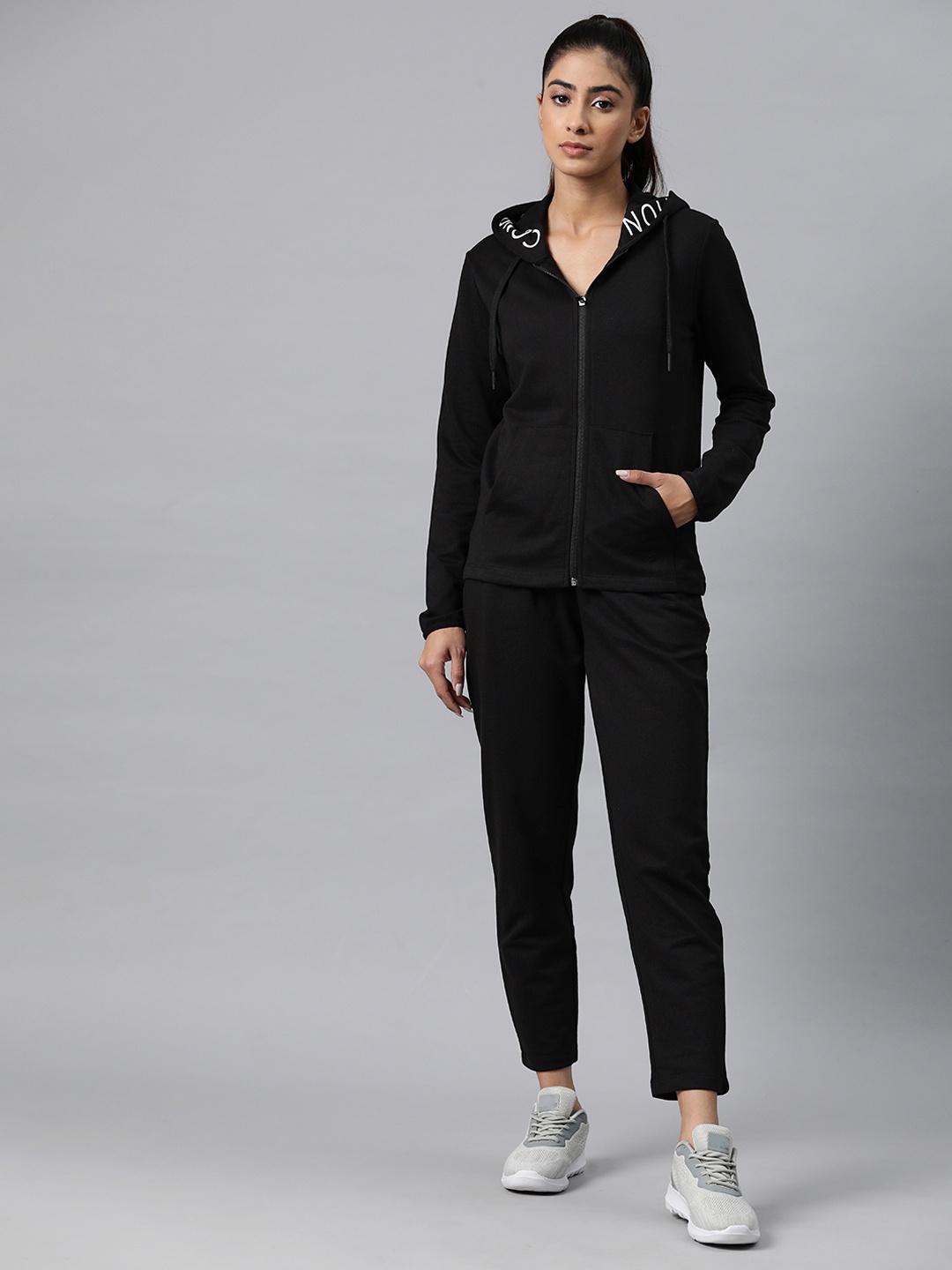 

Alcis Women Typography Print Mid-Rise Hooded Tracksuit, Black