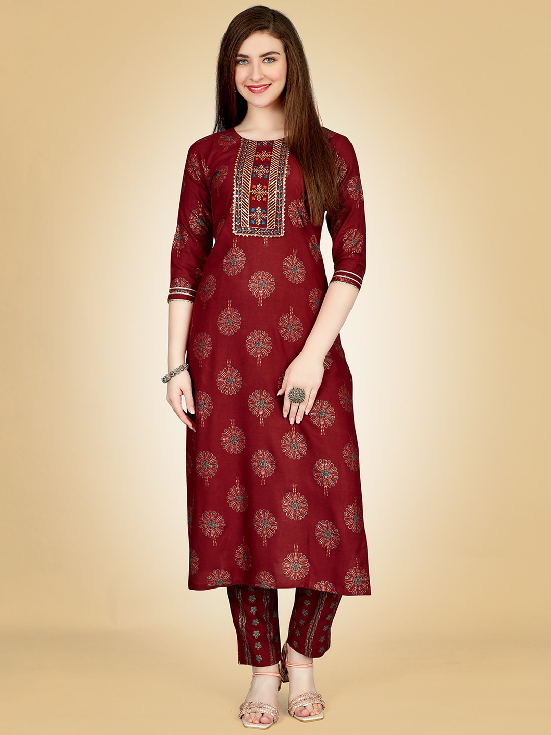 

BAPS Ethnic Motifs Printed Round Neck Thread Work Gotta Patti Straight Kurta With Trousers, Maroon
