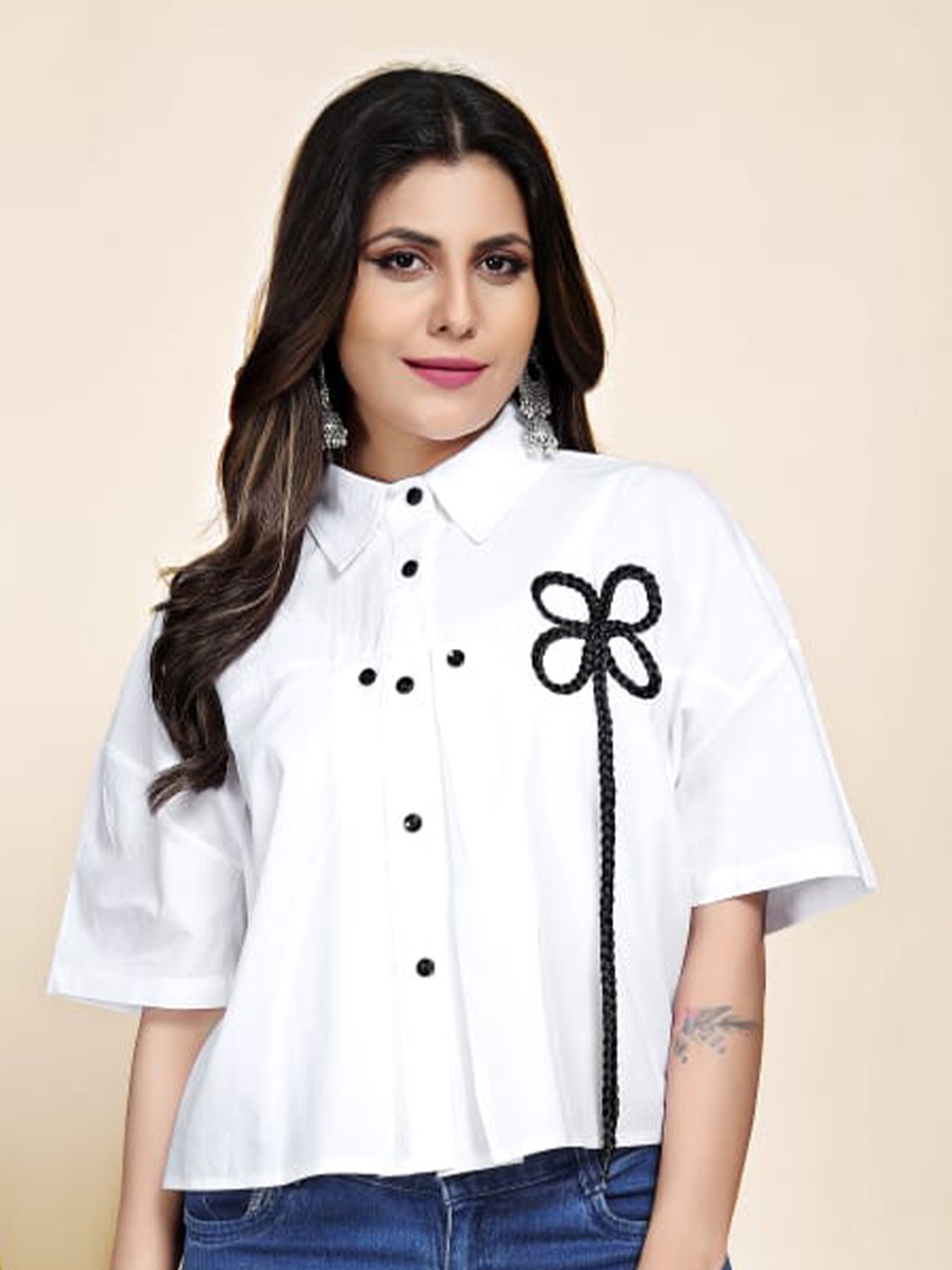 

BAESD Floral Embroidered Shirt Collar Cotton Shirt Style Top, White