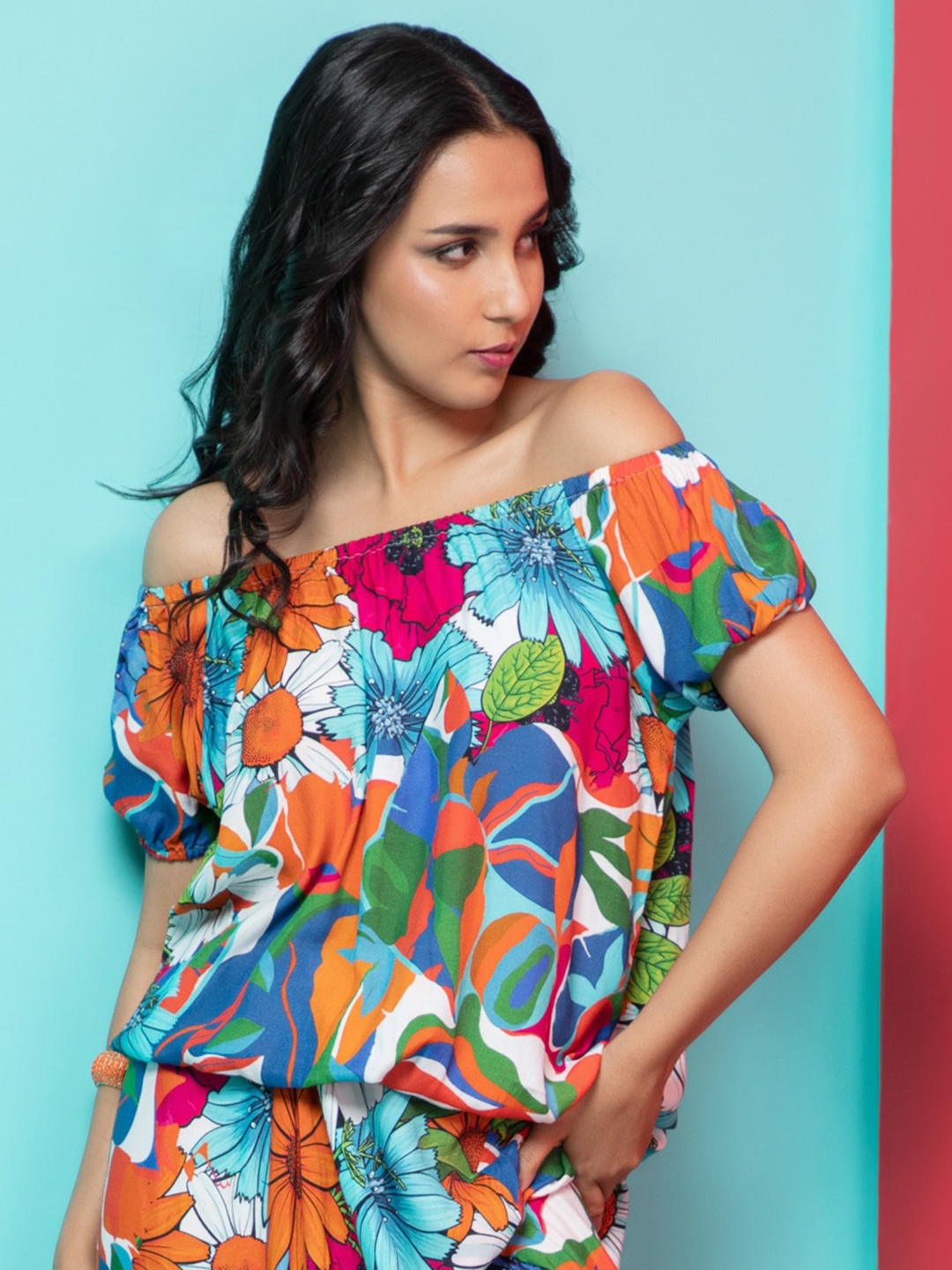 

Rhe-Ana Floral Printed Off Shoulder Puff Sleeve Top, Blue