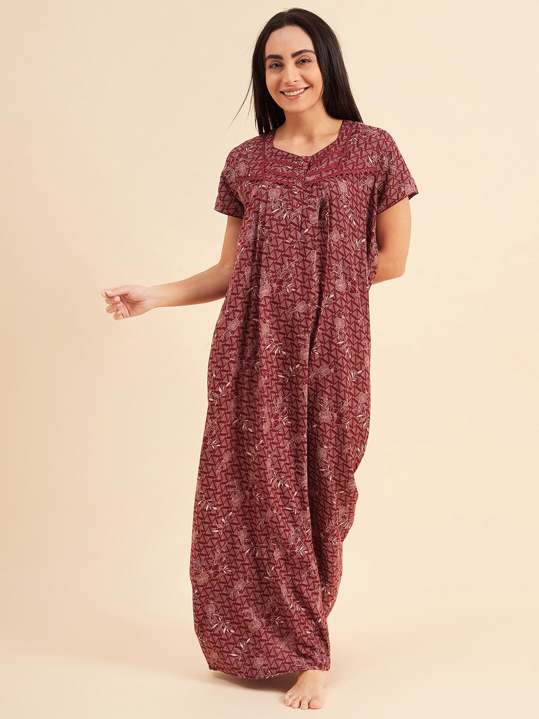 

Sweet Dreams Maroon Floral Printed Pure Cotton Maxi Nightdress