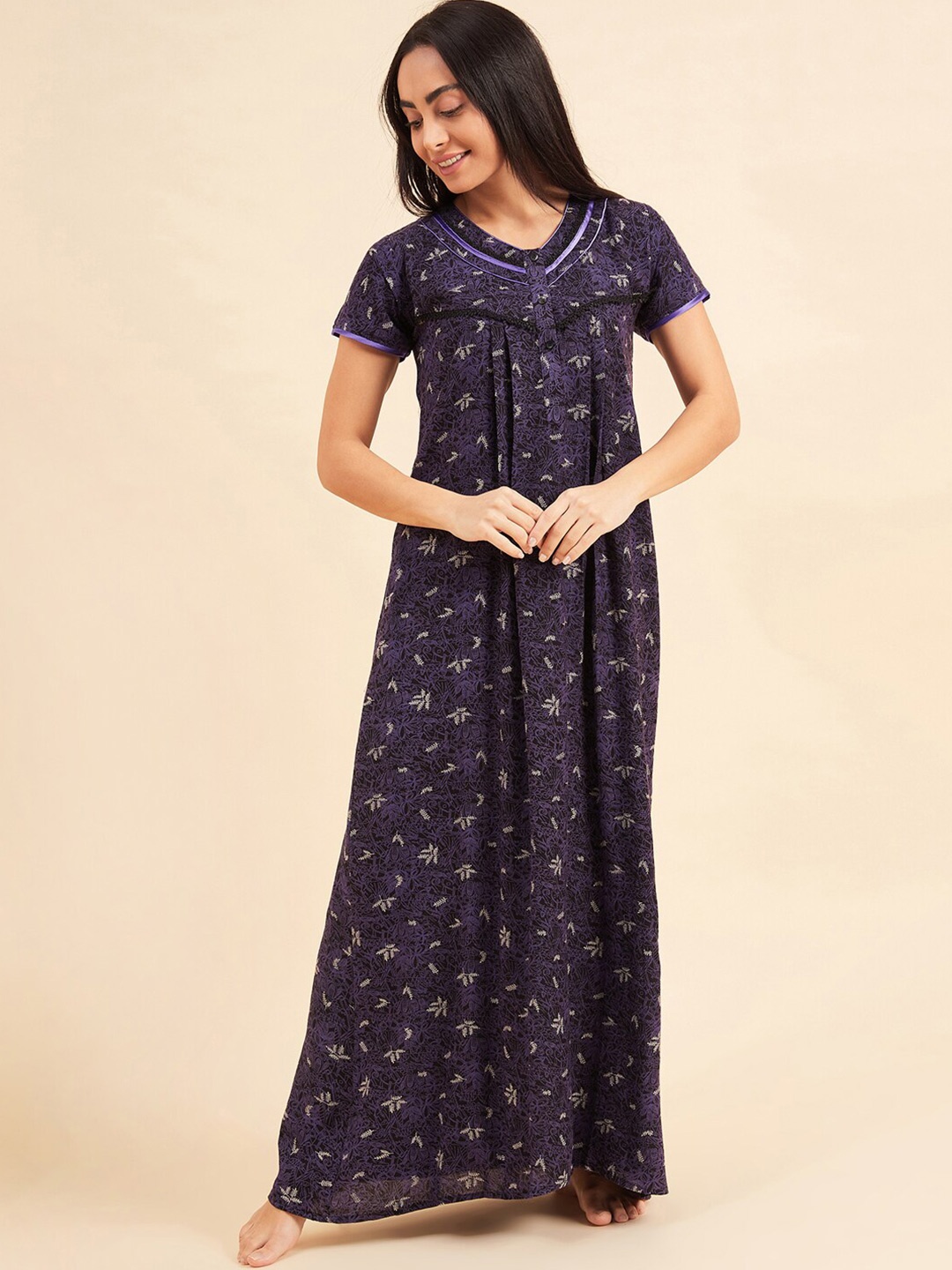 

Sweet Dreams Blue Floral Printed Pure Cotton Maxi Nightdress