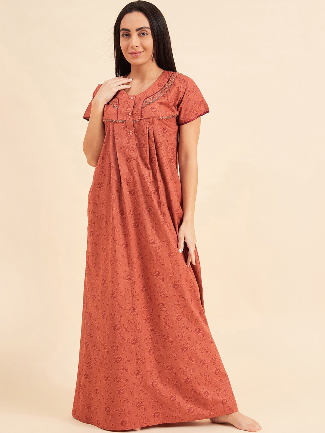 

Sweet Dreams Rust Printed Pure Cotton Maxi Nightdress