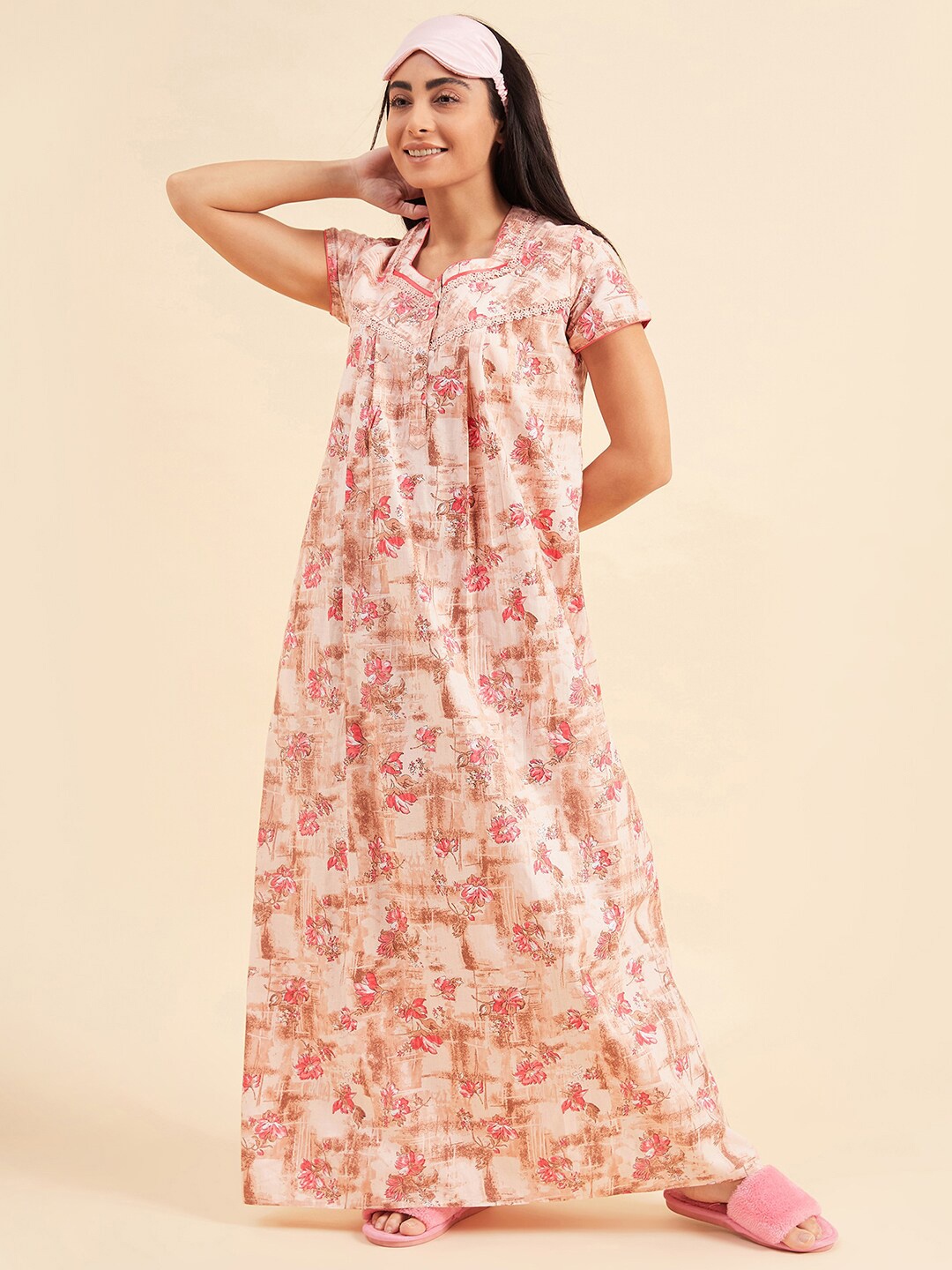 

Sweet Dreams Peach-Coloured Floral Printed Square Neck Pure Cotton Maxi Nightdress