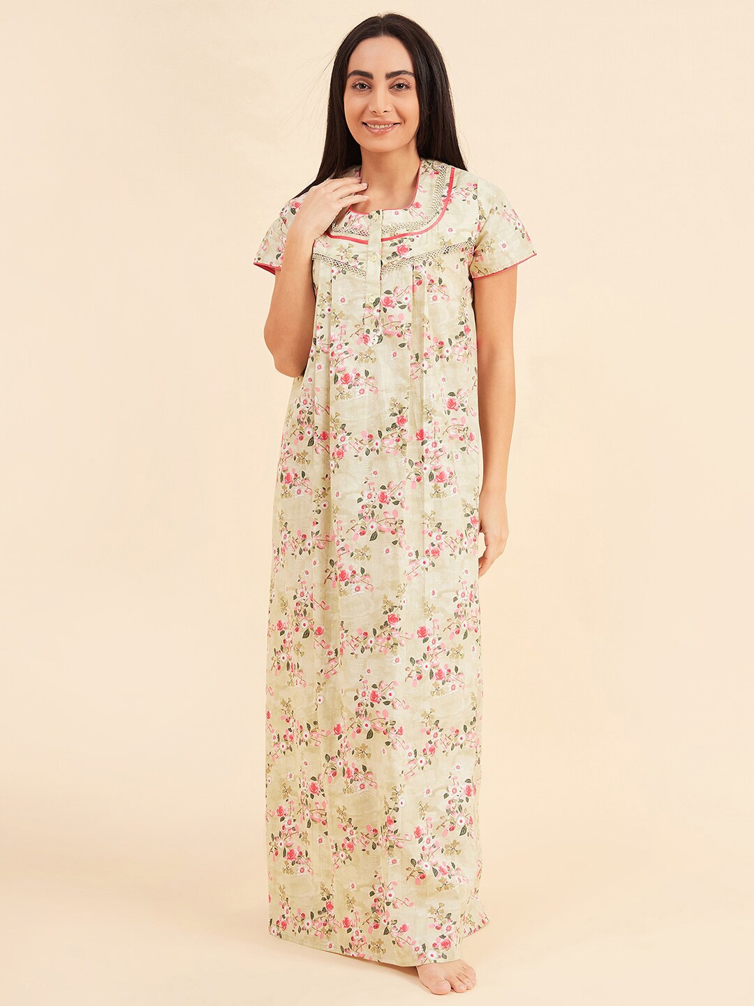 

Sweet Dreams Green Printed Pure Cotton Maxi Nightdress