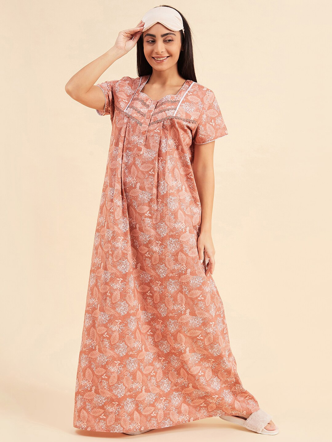 

Sweet Dreams Rust Floral Printed Square Neck Pure Cotton Maxi Nightdress