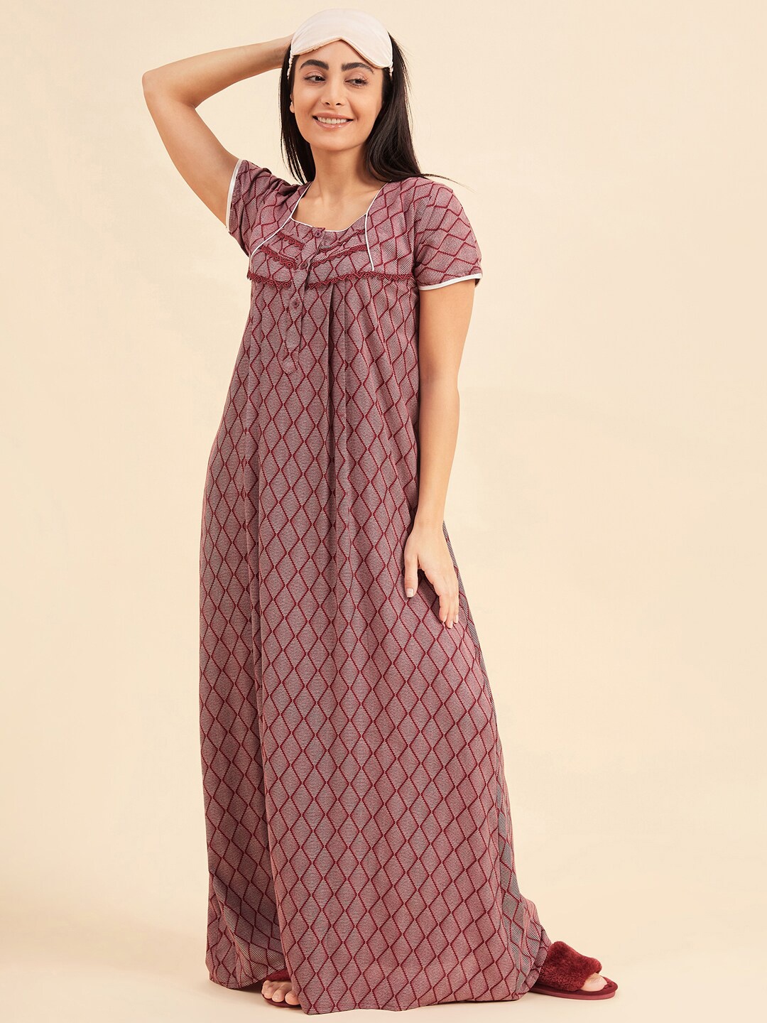 

Sweet Dreams Maroon Geometric Printed Pure Cotton Maxi Nightdress