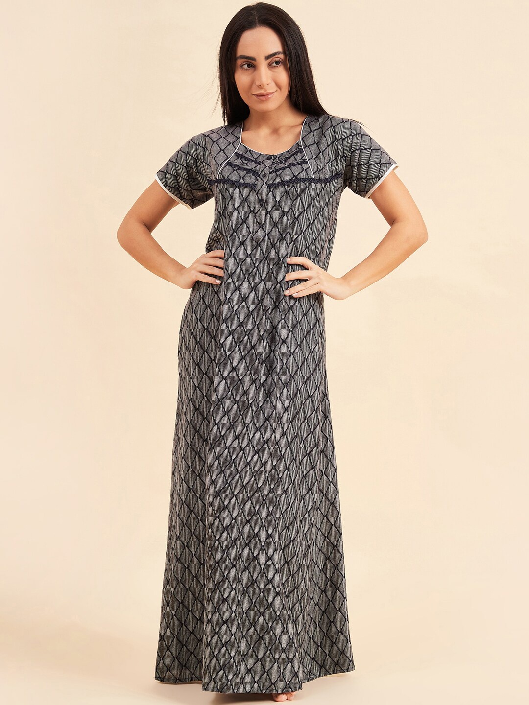 

Sweet Dreams Navy Blue Geometric Printed Pure Cotton Maxi Nightdress