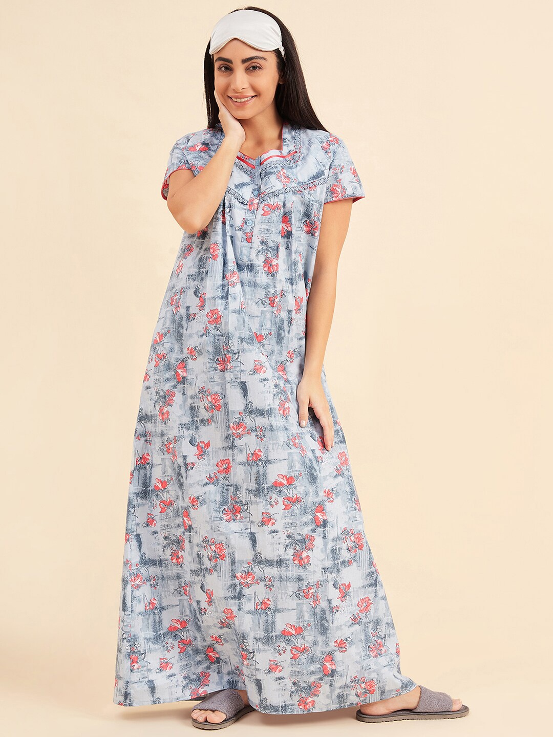 

Sweet Dreams Blue Floral Printed Square Neck Pure Cotton Maxi Nightdress