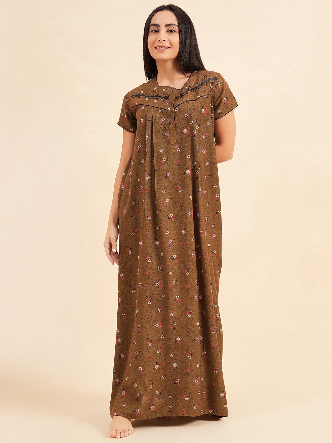 

Sweet Dreams Brown Floral Printed Pure Cotton Maxi Nightdress