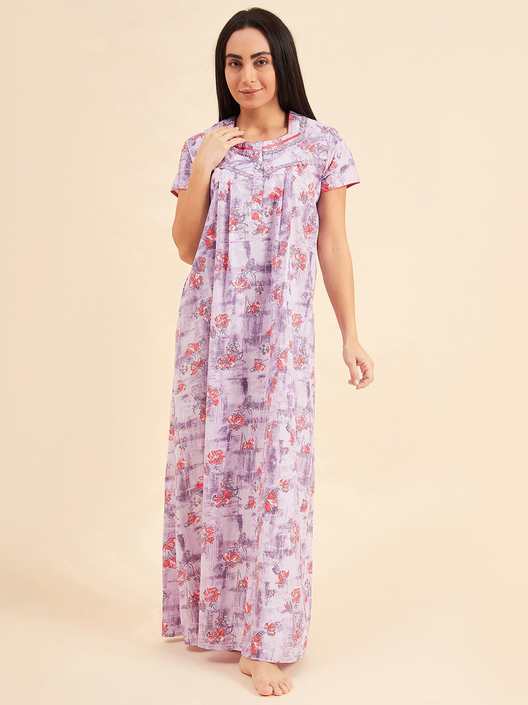 

Sweet Dreams Purple Floral Printed Pure Cotton Maxi Nightdress