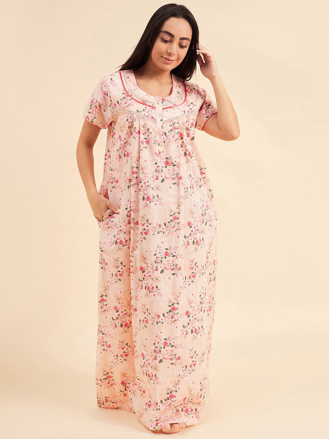 

Sweet Dreams Peach-Coloured Floral Printed Pure Cotton Maxi Nightdress