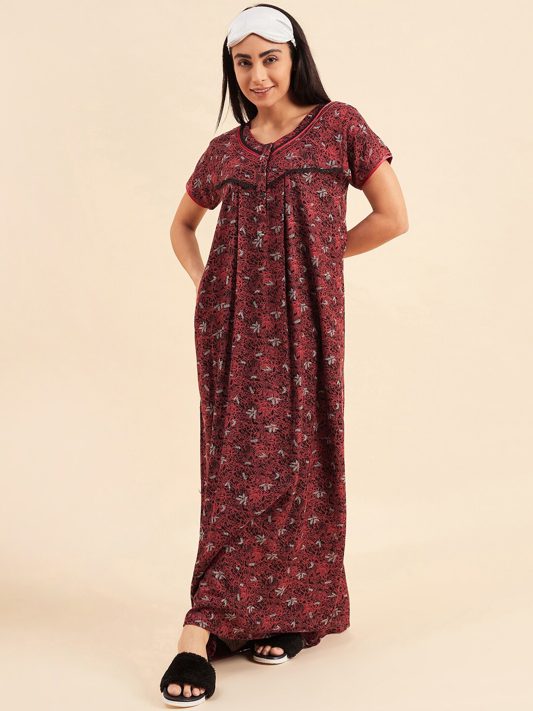 

Sweet Dreams Maroon Floral Printed Pure Cotton Maxi Nightdress