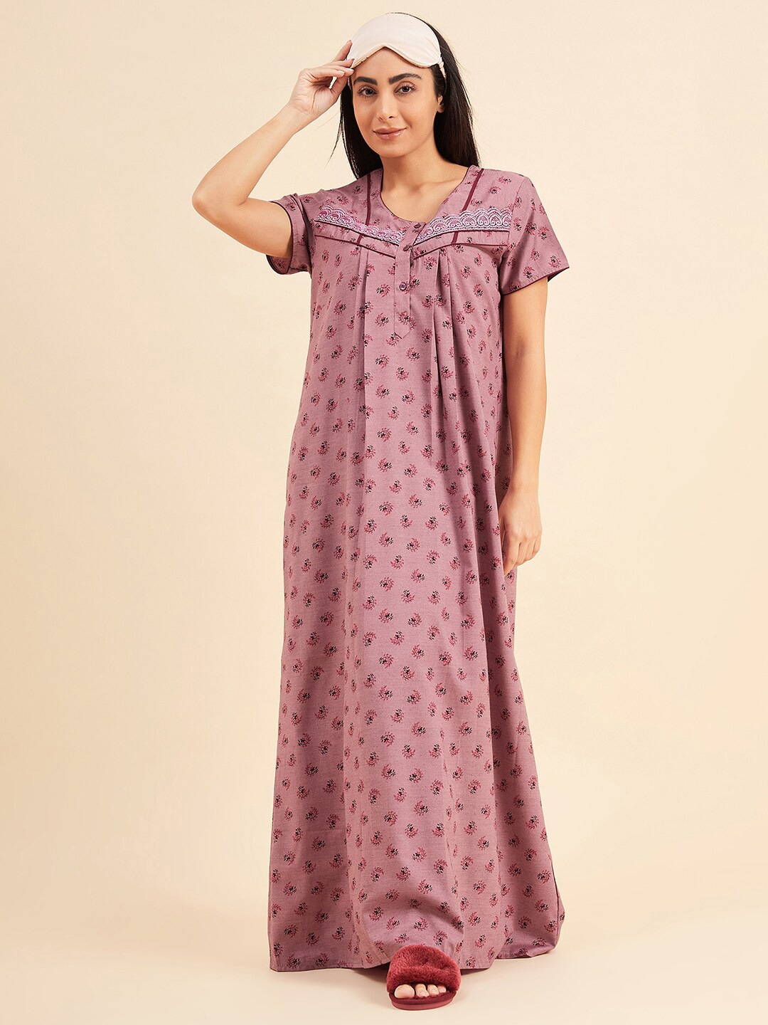 

Sweet Dreams Rose Floral Printed Round Neck Maxi Nightdress