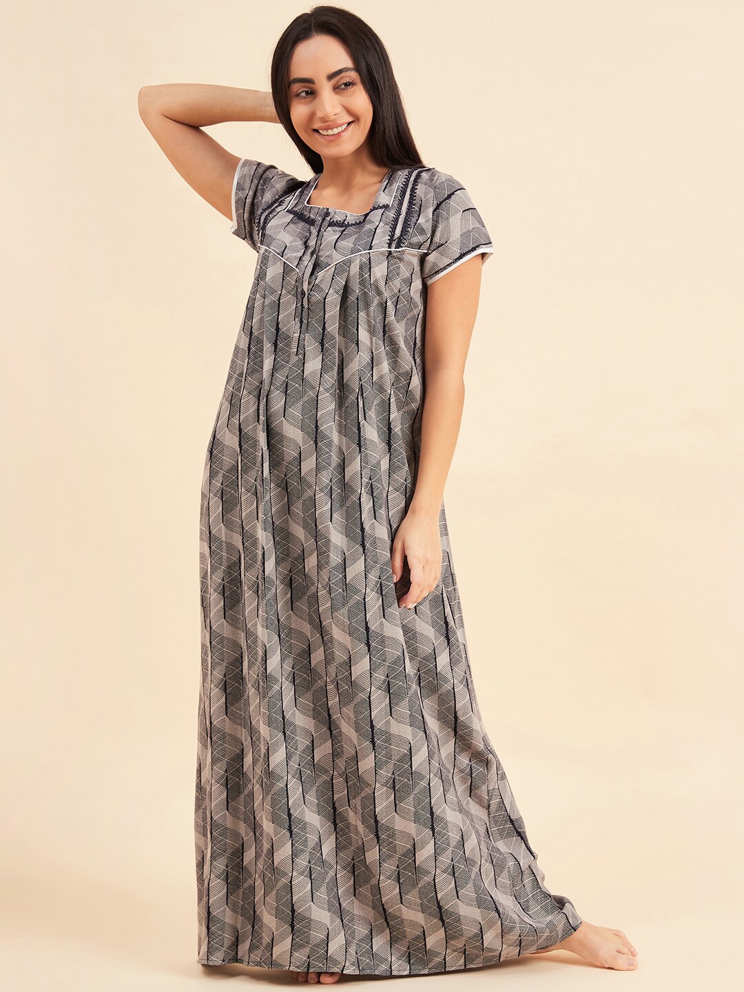 

Sweet Dreams Navy Blue Geometric Printed Pure Cotton Maxi Nightdress