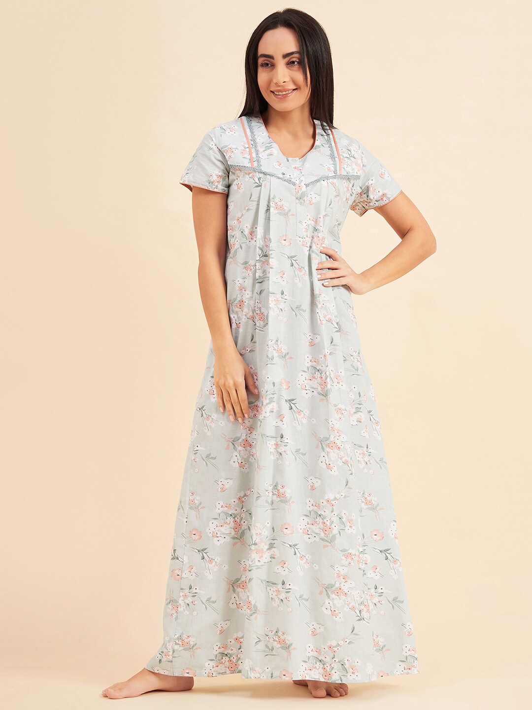 

Sweet Dreams Green Printed Pure Cotton Maxi Nightdress