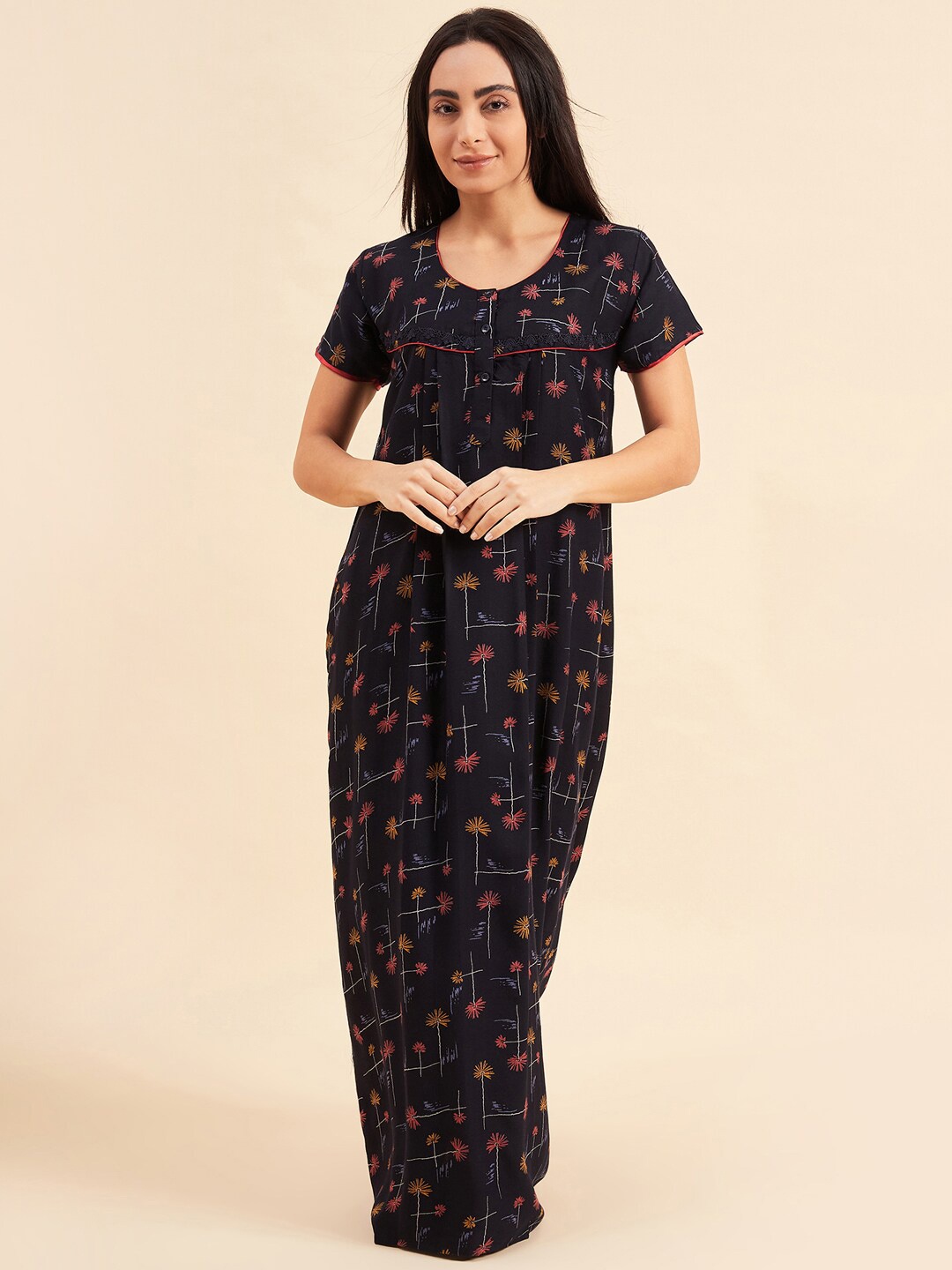 

Sweet Dreams Floral Printed Pure Cotton Maxi Nightdress, Navy blue