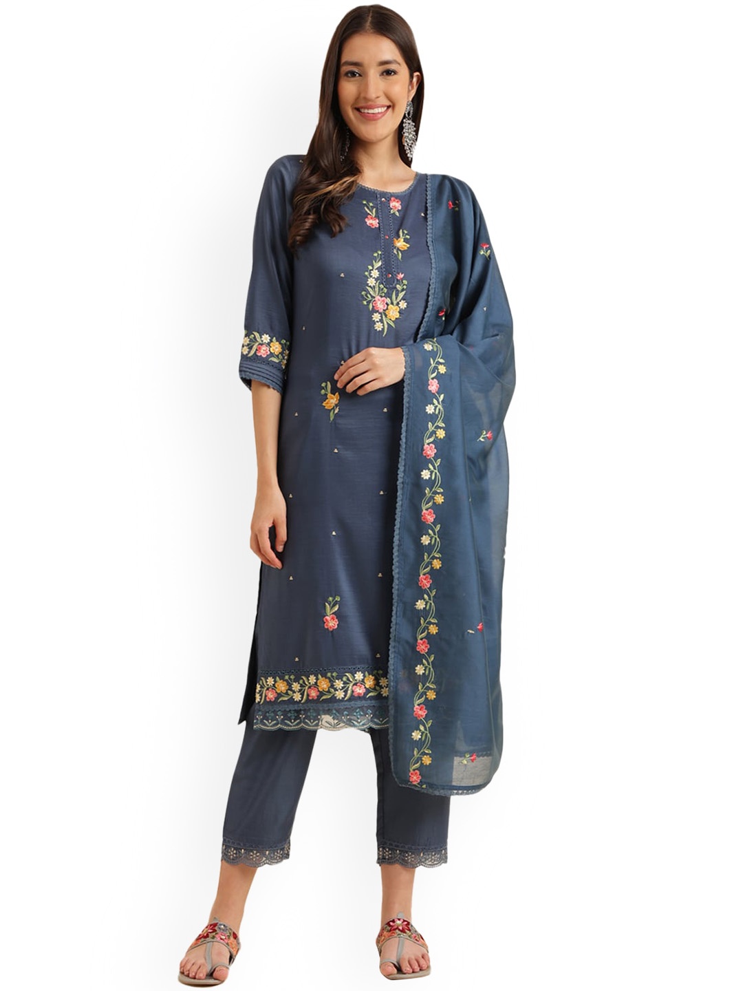 

Nimayaa Floral Embroidered Thread Work Straight Kurta & Trousers With Dupatta, Blue