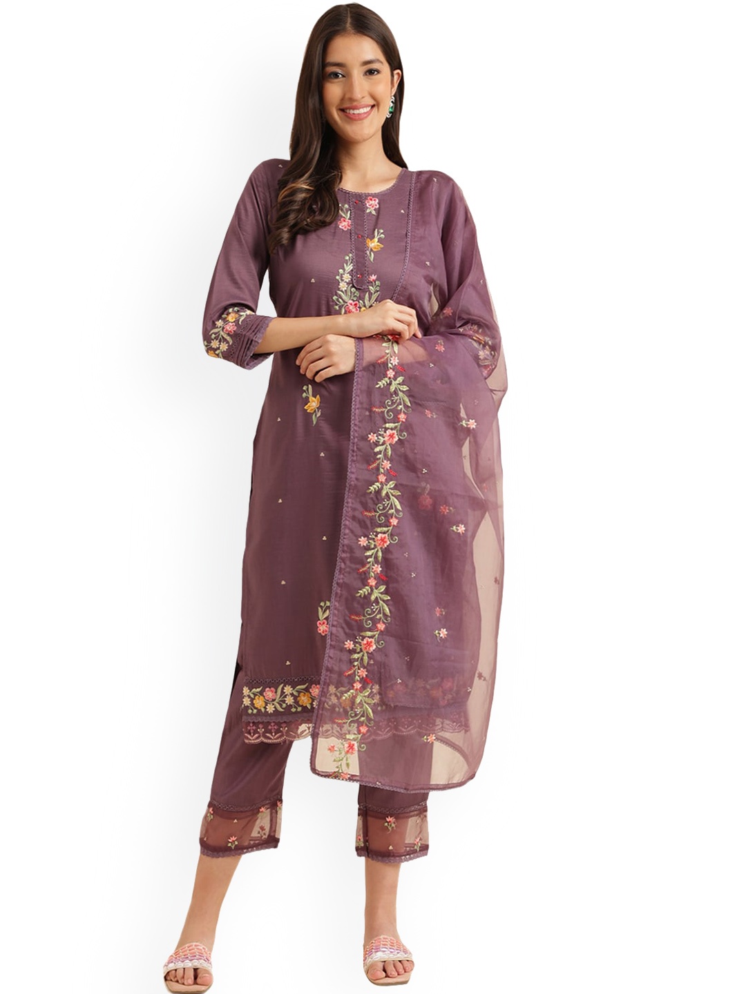 

Nimayaa Floral Embroidered Thread Work Straight Kurta & Trousers With Dupatta, Purple